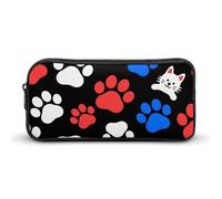 ERSTSNCK Cute Aesthetic Pencil Case - Red Blue White Dogs And Cats Paws Double Zipper Pen Bag for Women Big Capacity Pencil Pouch, Portable Makeup & Stationery Organizer for Office Travel