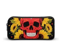ERSTSNCK Cute Aesthetic Pencil Case - Red Skull & Yellow Sunflowers Double Zipper Pen Bag for Women Big Capacity Pencil Pouch, Portable Makeup & Stationery Organizer for Office Travel