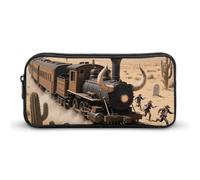 ERSTSNCK Cute Aesthetic Pencil Case - Steam Train in The Desert Double Zipper Pen Bag for Women Big Capacity Pencil Pouch, Portable Makeup & Stationery Organizer for Office Travel