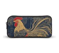 ERSTSNCK Cute Aesthetic Pencil Case - Striped Golden Rooster Double Zipper Pen Bag for Women Big Capacity Pencil Pouch, Portable Makeup & Stationery Organizer for Office Travel