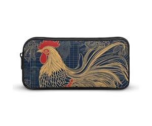 ERSTSNCK Cute Aesthetic Pencil Case - Striped Golden Rooster Double Zipper Pen Bag for Women Big Capacity Pencil Pouch, Portable Makeup & Stationery Organizer for Office Travel