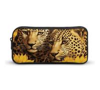 ERSTSNCK Cute Aesthetic Pencil Case - Yellow Sunflowers And Leopard Double Zipper Pen Bag for Women Big Capacity Pencil Pouch, Portable Makeup & Stationery Organizer for Office Travel