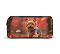 ERSTSNCK Cute Aesthetic Pencil Case - Yorkshire Terrier in Maple Forest Double Zipper Pen Bag for Women Big Capacity Pencil Pouch, Portable Makeup & Stationery Organizer for Office Travel