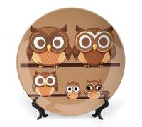 ERSTSNCK Cute Big Brown Cartoon Owls Ceramic Decorative Plate 7inch Bone China Wall Hanging Ornament Plates Bohemian Style Dinner Plate with Stand Cabinet Display Plates for Home Art Decor