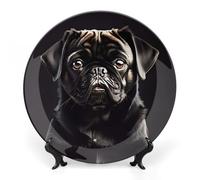 ERSTSNCK Cute Black Pug Dog Ceramic Decorative Plate 8inch Bone China Wall Hanging Ornament Plates Bohemian Style Dinner Plate with Stand Cabinet Display Plates for Home Art Decor