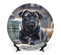ERSTSNCK Cute Black Pug Dog Ceramic Plate 7inch Decorative Bone China Wall Hanging Ornament Plates Bohemian Style Dinner Plate with Display Stand Cabinet Display Plates for Home Art Decor