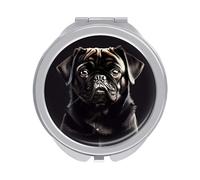 ERSTSNCK Cute Black Pug Dog Compact Mirror for Purse, Double-Sided 1x/2x Magnifying Metal Pocket Makeup Mirrors, Folding Mini Vanity Mirror, Handheld Round Travel Cosmetic Mirrors for Women