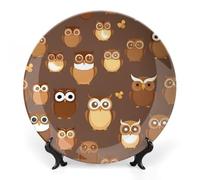 ERSTSNCK Cute Brown Cartoon Owl Ceramic Decorative Plate 8inch Bone China Wall Hanging Ornament Plates Bohemian Style Dinner Plate with Stand Cabinet Display Plates for Home Art Decor
