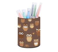 ERSTSNCK Cute Brown Cartoon Owl Pen Holder, Pencil Holder Desktop Stationery Organizer Round Leather Pencil Cup Makeup Brush Storage Box for Office Home And Stationary Supplies