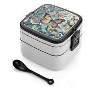 ERSTSNCK Cute Butterflies Bento Box 1000ml Leak Proof Lunch Container with Removable Dividers & Spoon - BPA-Free PP Stackable Lunch Box for Work, Office, Picnic, Travel, Dining Out