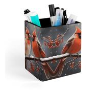 ERSTSNCK Cute Cardinal Birds Pen Holder, Pencil Holder Desktop Stationery Organizer Square Leather Pencil Cup Makeup Brush Storage Box for Office Home And Stationary Supplies