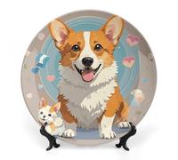 ERSTSNCK Cute Corgi Dog Illustration Ceramic Plate 8inch Decorative Bone China Wall Hanging Ornament Plates Bohemian Style Dinner Plate with Display Stand Cabinet Display Plates for Home Art Decor
