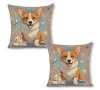 ERSTSNCK Cute Corgi Dog Illustration Pillow Covers 18"x18"（2pcs） Linen Throw Pillow Covers - Double Sided Decorative Square Cushion Cases for Sofa, Bed, Chair (No Insert Included)