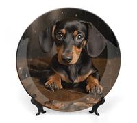 ERSTSNCK Cute Dachshund Ceramic Plate 10inch Decorative Bone China Wall Hanging Ornament Plates Bohemian Style Dinner Plate with Display Stand Cabinet Display Plates for Home Art Decor