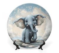 ERSTSNCK Cute Elephant Play Bubbles Ceramic Decorative Plate 10inch Bone China Wall Hanging Ornament Plates Bohemian Style Dinner Plate with Stand Cabinet Display Plates for Home Art Decor