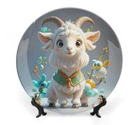 ERSTSNCK Cute Goat Ceramic Plate 10inch Decorative Bone China Wall Hanging Ornament Plates Bohemian Style Dinner Plate with Display Stand Cabinet Display Plates for Home Art Decor