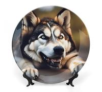 ERSTSNCK Cute Husky Ceramic Decorative Plate 6inch Bone China Wall Hanging Ornament Plates Bohemian Style Dinner Plate with Stand Cabinet Display Plates for Home Art Decor