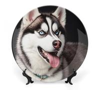 ERSTSNCK Cute Husky Dog Ceramic Decorative Plate 10inch Bone China Wall Hanging Ornament Plates Bohemian Style Dinner Plate with Stand Cabinet Display Plates for Home Art Decor