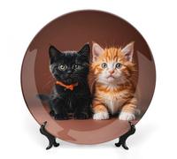 ERSTSNCK Cute Kitten Black And Orange Cat Ceramic Decorative Plate 8inch Bone China Wall Hanging Ornament Plates Bohemian Style Dinner Plate with Stand Cabinet Display Plates for Home Art Decor