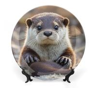 ERSTSNCK Cute Otter Ceramic Plate 7inch Decorative Bone China Wall Hanging Ornament Plates Bohemian Style Dinner Plate with Display Stand Cabinet Display Plates for Home Art Decor
