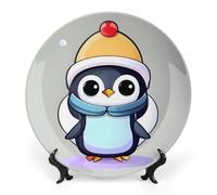 ERSTSNCK Cute Penguin Print Ceramic Decorative Plate 8inch Bone China Wall Hanging Ornament Plates Bohemian Style Dinner Plate with Stand Cabinet Display Plates for Home Art Decor