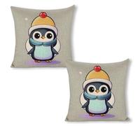 ERSTSNCK Cute Penguin Print Pillow Covers 18"x18"（2pcs） Linen Throw Pillow Covers - Double Sided Decorative Square Cushion Cases for Sofa, Bed, Chair (No Insert Included)