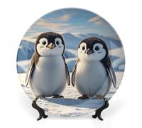 ERSTSNCK Cute Penguins Ceramic Decorative Plate 7inch Bone China Wall Hanging Ornament Plates Bohemian Style Dinner Plate with Stand Cabinet Display Plates for Home Art Decor