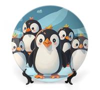 ERSTSNCK Cute Penguins Ceramic Decorative Plate 7inch Bone China Wall Hanging Ornament Plates Bohemian Style Dinner Plate with Stand Cabinet Display Plates for Home Art Decor