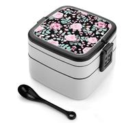 ERSTSNCK Cute Pink Rose Mix Leopard Bento Box 1000ml Leak Proof Lunch Container with Removable Dividers & Spoon - BPA-Free PP Stackable Lunch Box for Work, Office, Picnic, Travel, Dining Out