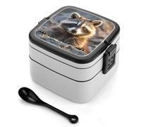 ERSTSNCK Cute Raccoon Bento Box 1000ml Leak Proof Lunch Container with Removable Dividers & Spoon - BPA-Free PP Stackable Lunch Box for Work, Office, Picnic, Travel, Dining Out