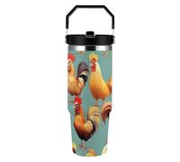 ERSTSNCK Cute Rooster Chickens 30oz Tumbler Large Capacity Car Cup with Handle And Straw Lid Stainless Steel Travel Mug Double Wall Vacuum Insulated Cup Leak-Proof for Outdoor Home Use