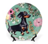 ERSTSNCK Dachshund Florals Ceramic Decorative Plate 7inch Bone China Wall Hanging Ornament Plates Bohemian Style Dinner Plate with Stand Cabinet Display Plates for Home Art Decor