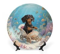 ERSTSNCK Dachshund in Shell Ceramic Plate 6inch Decorative Bone China Wall Hanging Ornament Plates Bohemian Style Dinner Plate with Display Stand Cabinet Display Plates for Home Art Decor