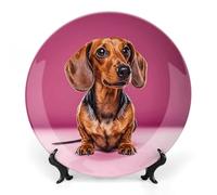 ERSTSNCK Dachshund Weiner Dog Ceramic Decorative Plate 8inch Bone China Wall Hanging Ornament Plates Bohemian Style Dinner Plate with Stand Cabinet Display Plates for Home Art Decor