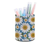 ERSTSNCK Daisy Flower Pattern Pen Holder, Pencil Holder Desktop Stationery Organizer Round Leather Pencil Cup Makeup Brush Storage Box for Office Home And Stationary Supplies