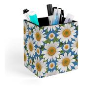 ERSTSNCK Daisy Flower Pattern Pen Holder, Pencil Holder Desktop Stationery Organizer Square Leather Pencil Cup Makeup Brush Storage Box for Office Home And Stationary Supplies
