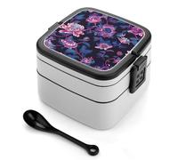 ERSTSNCK Dark Purple Flower Bento Box 1000ml Leak Proof Lunch Container with Removable Dividers & Spoon - BPA-Free PP Stackable Lunch Box for Work, Office, Picnic, Travel, Dining Out