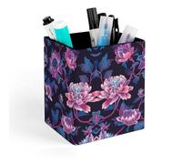 ERSTSNCK Dark Purple Flower Pen Holder, Pencil Holder Desktop Stationery Organizer Square Leather Pencil Cup Makeup Brush Storage Box for Office Home And Stationary Supplies