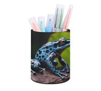 ERSTSNCK Dart Frog Blue Pen Holder, Pencil Holder Desktop Stationery Organizer Round Leather Pencil Cup Makeup Brush Storage Box for Office Home And Stationary Supplies