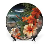 ERSTSNCK - Decorative Ceramic Wall Hanging Plate, Tropical Flowers and Bone China Decorations 10 Inch, Boho Style Dinner Plate with Stand for
