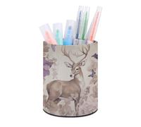 ERSTSNCK Deer Birds with Flowers Pen Holder, Pencil Holder Desktop Stationery Organizer Round Leather Pencil Cup Makeup Brush Storage Box for Office Home And Stationary Supplies