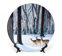 ERSTSNCK Deers Picture Ceramic Decorative Plate 7inch Bone China Wall Hanging Ornament Plates Bohemian Style Dinner Plate with Stand Cabinet Display Plates for Home Art Decor