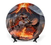 ERSTSNCK Dinosaur Volcano Eruption Ceramic Decorative Plate 8inch Bone China Wall Hanging Ornament Plates Bohemian Style Dinner Plate with Stand Cabinet Display Plates for Home Art Decor