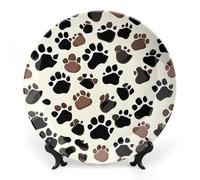 ERSTSNCK Dog Paw Prints Ceramic Decorative Plate 6inch Bone China Wall Hanging Ornament Plates Bohemian Style Dinner Plate with Stand Cabinet Display Plates for Home Art Decor