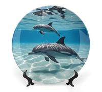 ERSTSNCK Dolphins Ceramic Plate 8inch Decorative Bone China Wall Hanging Ornament Plates Bohemian Style Dinner Plate with Display Stand Cabinet Display Plates for Home Art Decor