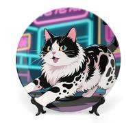 ERSTSNCK Domestic Cat Ceramic Plate 7inch Decorative Bone China Wall Hanging Ornament Plates Bohemian Style Dinner Plate with Display Stand Cabinet Display Plates for Home Art Decor