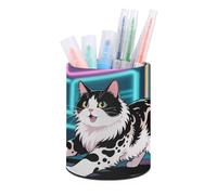 ERSTSNCK Domestic Cat Pen Holder, Pencil Holder Desktop Stationery Organizer Round Leather Pencil Cup Makeup Brush Storage Box for Office Home And Stationary Supplies