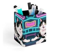 ERSTSNCK Domestic Cat Pen Holder, Pencil Holder Desktop Stationery Organizer Square Leather Pencil Cup Makeup Brush Storage Box for Office Home And Stationary Supplies