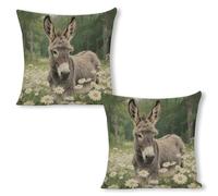 ERSTSNCK Donkey in Daisy Bush Pillow Covers 18"x18"（2pcs） Linen Throw Pillow Covers - Double Sided Decorative Square Cushion Cases for Sofa, Bed, Chair (No Insert Included)