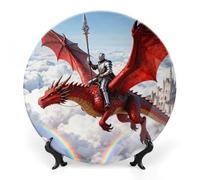ERSTSNCK Dragon Knight Legend Ceramic Decorative Plate 6inch Bone China Wall Hanging Ornament Plates Bohemian Style Dinner Plate with Stand Cabinet Display Plates for Home Art Decor